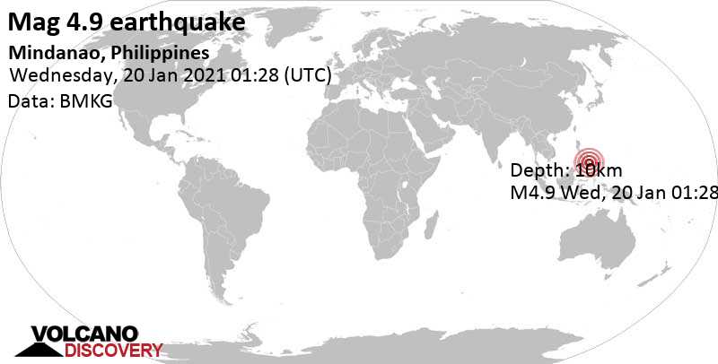 Terremoto moderato mag. 4.9 - 3 km a sud da Talacogon, Province of Agusan del Sur, Caraga, Filippine, mercoledì, 20 gen 2021 09:28 (GMT +8)