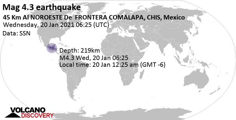 Light mag. 4.3 earthquake - 49 km southwest of Comitan, Chiapas, Mexico, on Wednesday, Jan 20, 2021 at 12:25 am (GMT -6)