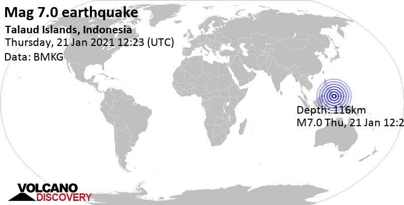 Major magnitude 7.0 earthquake - Philippine Sea, 483 km northeast of Manado, North Sulawesi, Indonesia, on Thursday, Jan 21, 2021 at 8:23 pm (GMT +8)