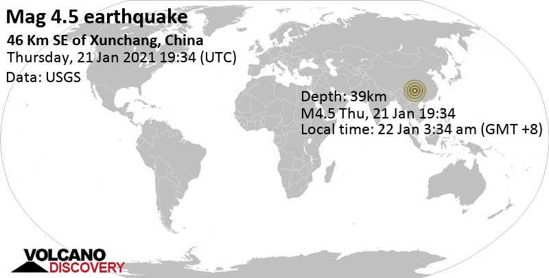 Слабое землетрясение маг. 4.5 - 46 km к юго-востоку от Xunchang, Sichuan, Китай, Пятница, 22 янв 2021 03:34 (GMT +8)