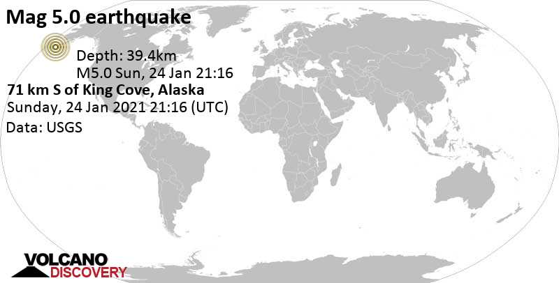 Séisme modéré mag. 5.1 - 31 km au sud-est de Cherni , Arrondissement d\'Aleutians East, Alaska, États-Unis, dimanche, 24 janv. 2021 12:16 (GMT -9)