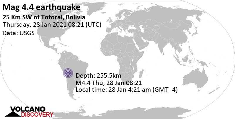 Light mag. 4.4 earthquake - 36 km northeast of Isla Crequi Montfort Island, Oruro, Bolivia, on Thursday, Jan 28, 2021 at 4:21 am (GMT -4)