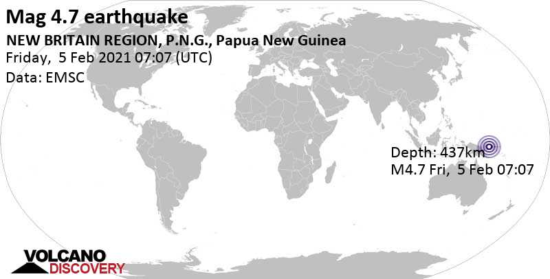 Leichtes Erdbeben der Stärke 4.7 - Bismarck Sea, 162 km nördlich von Kimbe, Papua-Neuguinea, am Freitag,  5. Feb 2021 um 17:07 Lokalzeit