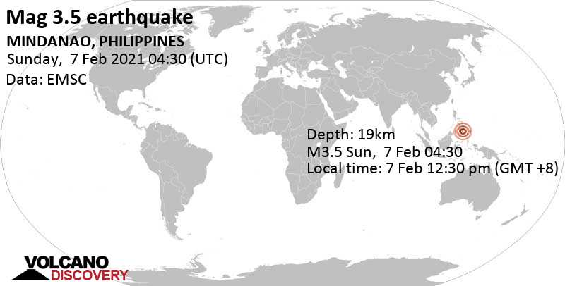 Light mag. 3.5 earthquake - 33 km northeast of Koronadal, Philippines, on Sunday, Feb 7, 2021 at 12:30 pm (GMT +8)