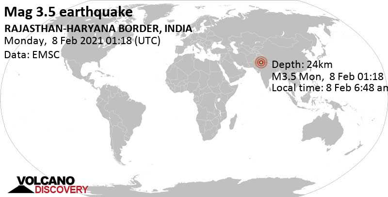 Ελαφρύς σεισμός μεγέθους 3.5 - 17 km νοτιοανατολικά από Hanumangarh, Ινδία, Δευτέρα,  8 Φεβ 2021 06:48 (GMT +5:30)
