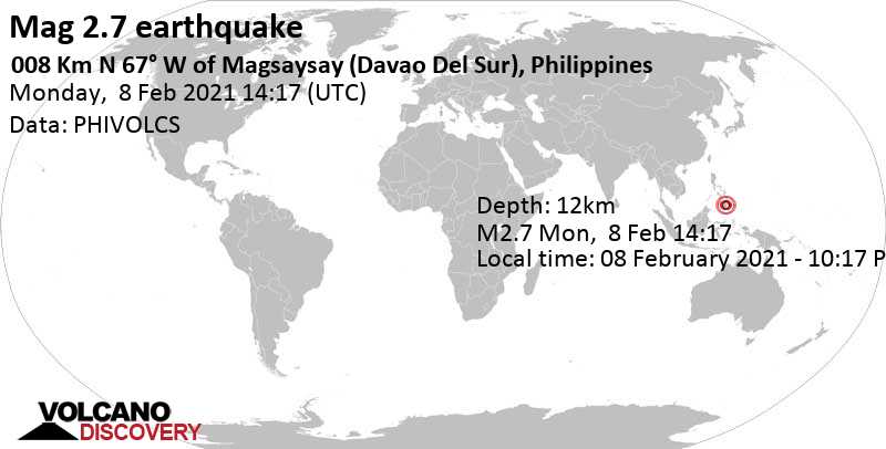 Weak mag. 2.7 earthquake - 12 km west of Magsaysay, Province of Davao del Sur, Philippines, on Monday, Feb 8, 2021 at 10:17 pm (GMT +8)