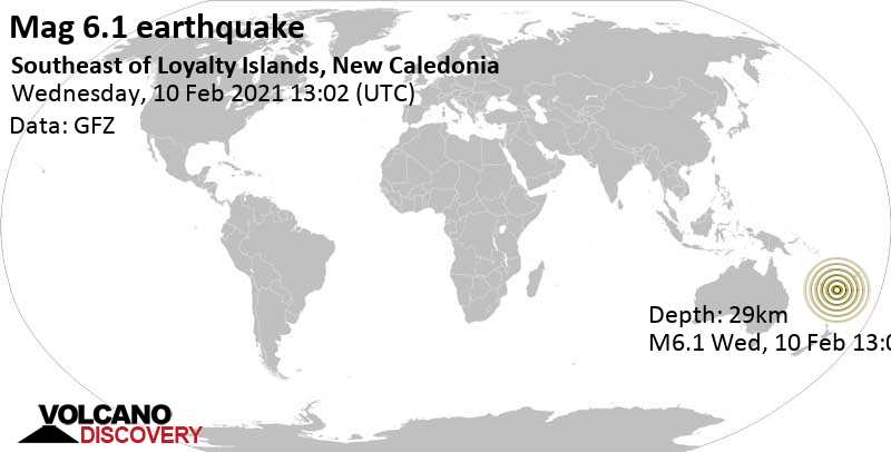 Starkes Beben der Stärke 6.1 - South Pacific Ocean, Neukaledonien, am Donnerstag, 11. Feb 2021 um 00:02 Lokalzeit