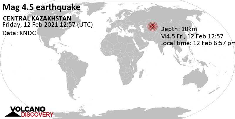 Moderate mag. 4.5 earthquake - 201 km northeast of Turkestan, Kazakhstan, on Friday, Feb 12, 2021 at 6:57 pm (GMT +6)