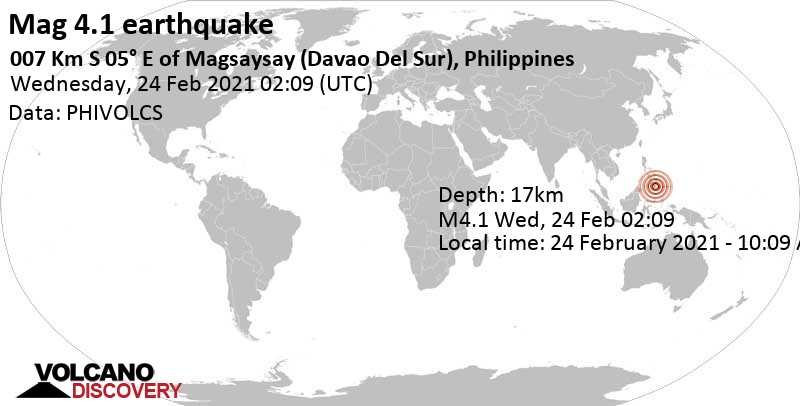 Μέτριος σεισμός μεγέθους 4.1 - 23 km δυτικά από Digos, Province of Davao del Sur, Φιλιππίνες, Τετάρτη, 24 Φεβ 2021 10:09 (GMT +8)