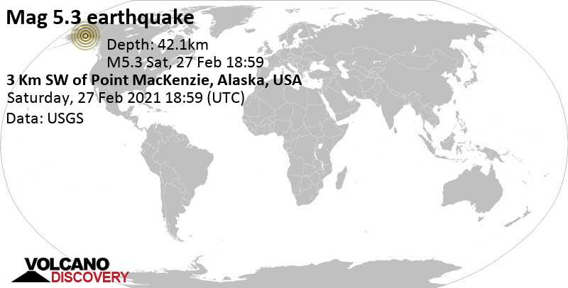 Moderates Erdbeben der Stärke 5.3 - 13 km nordwestlich von Alaska City, Anchorage, Alaska, USA, am Samstag, 27. Feb 2021 um 09:59 Lokalzeit