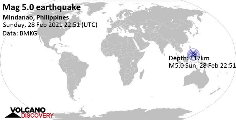 Terremoto moderado mag. 5.0 - 45 km SSW of Valencia, Province of Bukidnon, Northern Mindanao, Philippines, lunes,  1 mar 2021 06:51 (GMT +8)