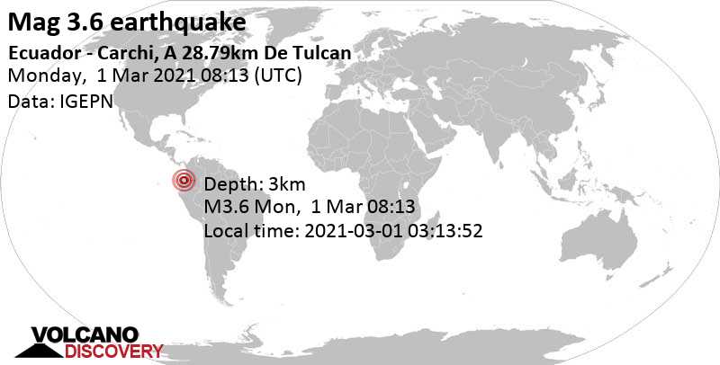 Moderate mag. 3.6 earthquake - 29 km west of Tulcan, Provincia del Carchi, Ecuador, on Monday, Mar 1, 2021 at 3:13 am (GMT -5)