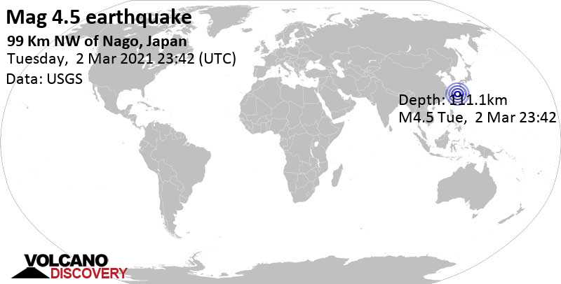 Light mag. 4.5 earthquake - East China Sea, 124 km north of Naha, Okinawa, Japan, on Wednesday, Mar 3, 2021 at 8:42 am (GMT +9)