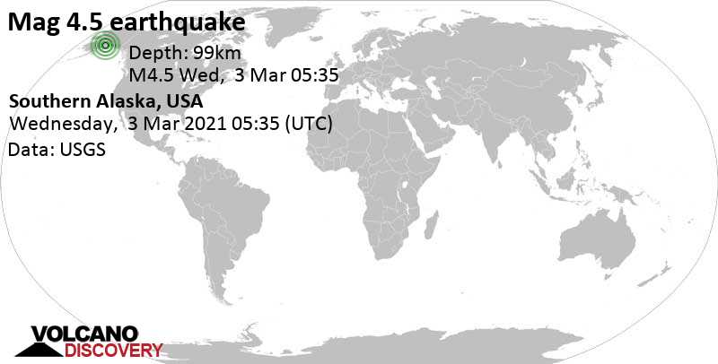 Leichtes Erdbeben der Stärke 4.5 - 111 km westlich von Alaska City, Anchorage, Alaska, USA, am Dienstag,  2. Mär 2021 um 20:35 Lokalzeit