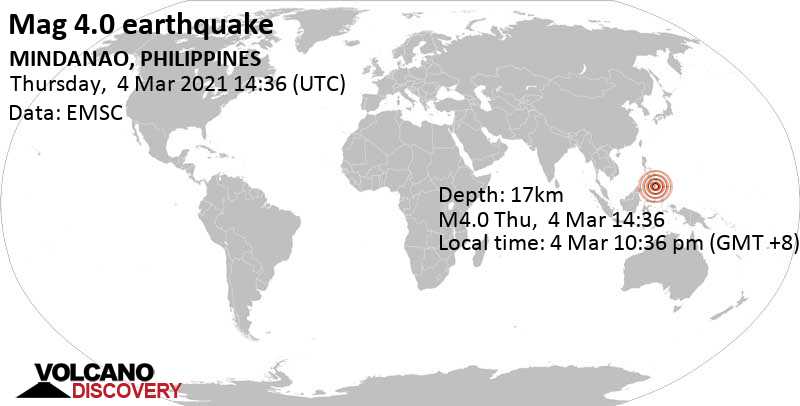 Leichtes Erdbeben der Stärke 4.0 - 19 km westlich von Digos City, Province of Davao del Sur, Philippinen, am Donnerstag,  4. Mär 2021 um 22:36 Lokalzeit