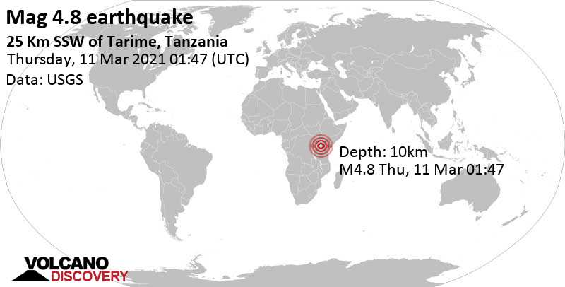 Moderate mag. 4.8 earthquake - 52 km east of Musoma, North Mara, Tanzania, on Thursday, Mar 11, 2021 at 4:47 am (GMT +3)