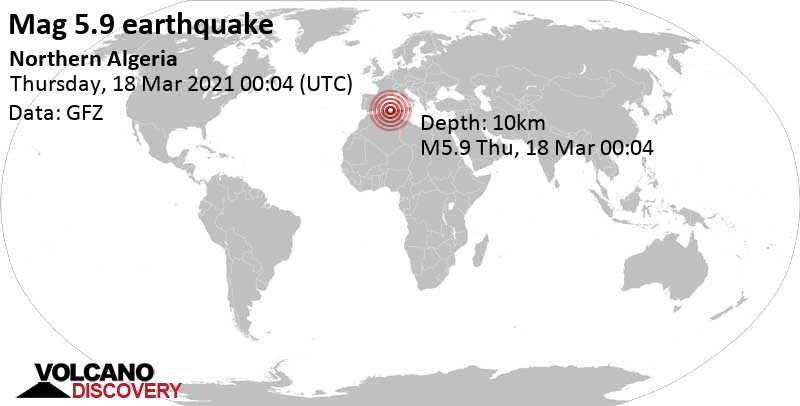 Very strong mag. 6.0 earthquake - Western Mediterranean, 18 km northeast of Béjaïa, Bejaia, Algeria, on Thursday, Mar 18, 2021 at 1:04 am (GMT +1)