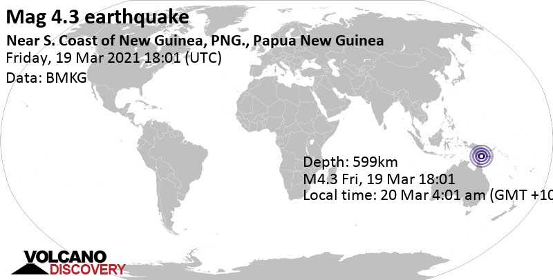 Слабое землетрясение маг. 4.3 - Коралловое море, 85 km к востоку от Дару, Папуа — Новая Гвинея, Суббота, 20 мар 2021 04:01 (GMT +10)
