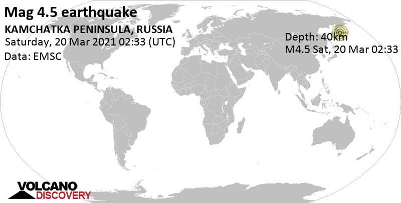 Light mag. 4.5 earthquake - 274 km northeast of Kamchatkataagy Petropavlovskaj, Russia, on Saturday, Mar 20, 2021 at 2:33 pm (GMT +12)