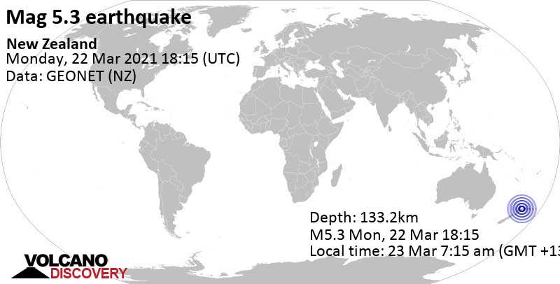Moderates Erdbeben der Stärke 5.3 - 53 km südöstlich von Tauranga, Bay of Plenty, Neuseeland, am Dienstag, 23. Mär 2021 um 07:15 Lokalzeit