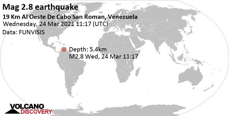 Séisme faible mag. 2.8 - Caribbean Sea, 58 km au nord de Punto Fijo, Venezuela, mercredi, le 24 mars 2021 11:17