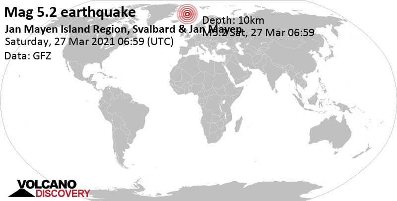 Strong mag. 5.2 earthquake - Norwegian Sea, Svalbard & Jan Mayen, on Saturday, Mar 27, 2021 at 6:59 am (GMT +0)