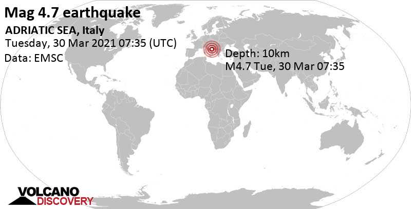 Moderate mag. 4.7 earthquake - Adriatic Sea, Croatia, 93 km northeast of Sannicandro Garganico, Italy, on Tuesday, Mar 30, 2021 at 9:35 am (GMT +2)