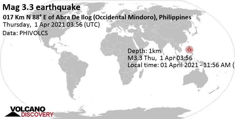 Light mag. 3.3 earthquake - 32 km west of Calapan City, Oriental Mindoro, Mimaropa, Philippines, on Thursday, Apr 1, 2021 at 11:56 am (GMT +8)