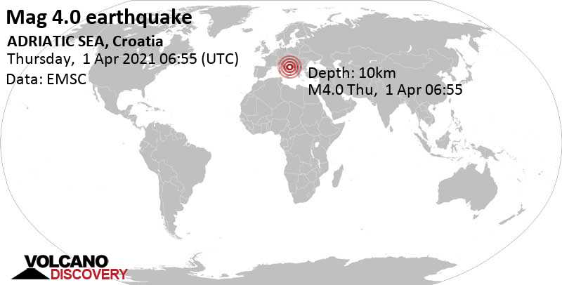 Moderates Erdbeben der Stärke 4.0 - Adriatisches Meer, 95 km südlich von Split, Kroatien, am Donnerstag,  1. Apr 2021 um 07:55 Lokalzeit