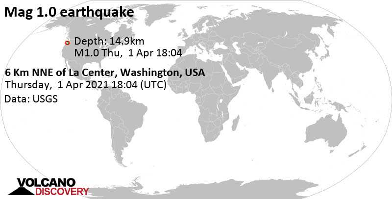 Minor mag. 1.0 earthquake - 6 Km NNE of La Center, Washington, USA, on Thursday, April 1, 2021 at 18:04 GMT