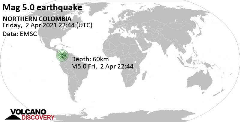 Moderates Erdbeben der Stärke 5.0 - Departamento del Choco, 50 km südwestlich von Chigorodo, Antioquia, Kolumbien, am Freitag,  2. Apr 2021 um 17:44 Lokalzeit