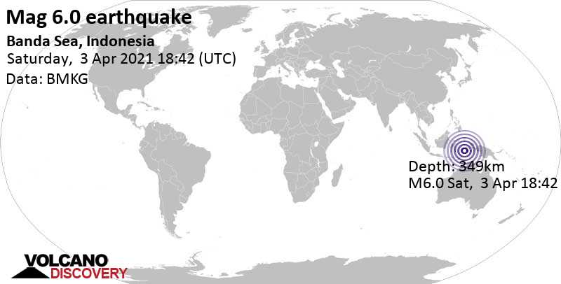 Strong mag. 6.0 earthquake - Banda Sea, 163 km south of Ambon City, Maluku, Indonesia, on Sunday, Apr 4, 2021 at 3:42 am (GMT +9)