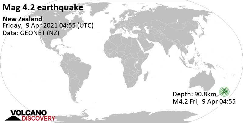 Light mag. 4.2 earthquake - Taranaki, 50 km north of Whanganui, New Zealand, on Friday, Apr 9, 2021 at 4:55 pm (GMT +12)
