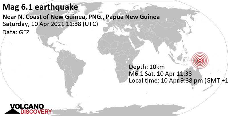 Very strong mag. 6.1 earthquake - Bismarck Sea, 196 km north of Madang, Papua New Guinea, on 10 Apr 9:38 pm (GMT +10)