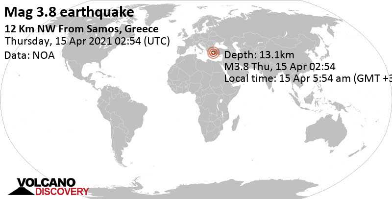 Leichtes Erdbeben der Stärke 3.8 - Ägäisches Meer, 3.5 km nordöstlich von Karlovasi, Griechenland, am Donnerstag, 15. Apr 2021 um 02:54 GMT