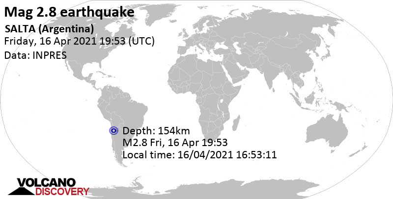 Sehr schwaches Beben Stärke 2.8 - 225 km nordwestlich von Cafayate, Salta, Argentinien, am Freitag, 16. Apr 2021 um 19:53 GMT