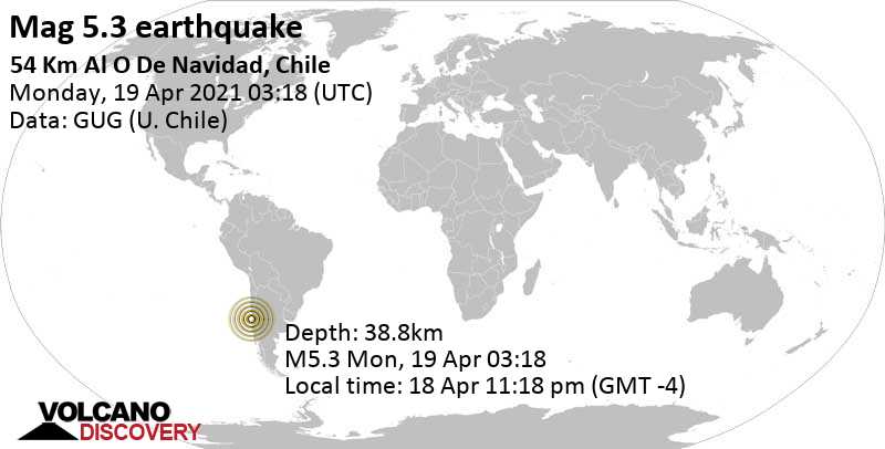 Μέτριος σεισμός μεγέθους 5.3 - South Pacific Ocean, 88 km νοτιοδυτικά από San Antonio, Valparaiso, Χιλή, Δευ, 19 Απρ 2021 03:18 GMT