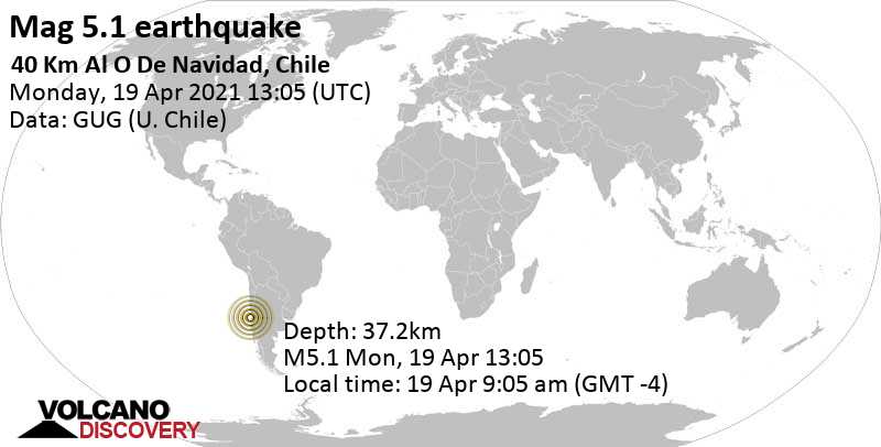 Moderate mag. 5.1 earthquake - South Pacific Ocean, 77 km southwest of San Antonio, Region de Valparaiso, Chile, on 19 Apr 9:05 am (GMT -4)