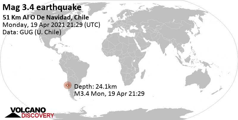 Weak mag. 3.4 earthquake - South Pacific Ocean, 86 km southwest of San Antonio, Region de Valparaiso, Chile, on Monday, April 19, 2021 at 21:29 GMT
