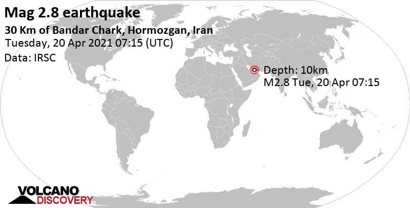 Schwaches Erdbeben Stärke 2.8 - 38 km östlich von Kīsh, Kish, Hormozgan, Iran, am Dienstag, 20. Apr 2021 um 07:15 GMT