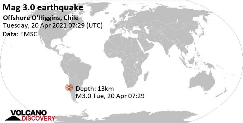 Weak mag. 3.0 earthquake - South Pacific Ocean, 83 km southwest of San Antonio, Region de Valparaiso, Chile, on Tuesday, April 20, 2021 at 07:29 GMT
