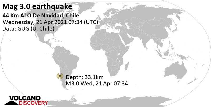 Weak mag. 3.0 earthquake - South Pacific Ocean, 80 km southwest of San Antonio, Region de Valparaiso, Chile, on Wednesday, April 21, 2021 at 07:34 GMT
