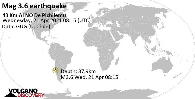 Schwaches Erdbeben Stärke 3.6 - South Pacific Ocean, 86 km südwestlich von San Antonio, Valparaiso, Chile, am Mittwoch, 21. Apr 2021 um 08:15 GMT