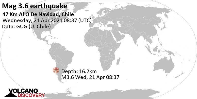 Light mag. 3.6 earthquake - South Pacific Ocean, 84 km southwest of San Antonio, Region de Valparaiso, Chile, on Wednesday, April 21, 2021 at 08:37 GMT