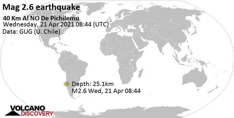 Weak mag. 2.6 earthquake - South Pacific Ocean, 79 km southwest of San Antonio, Region de Valparaiso, Chile, on Wednesday, April 21, 2021 at 08:44 GMT