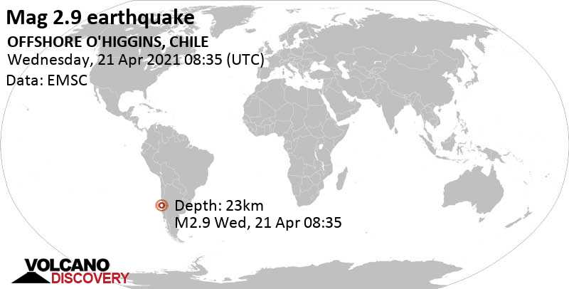 Weak mag. 2.9 earthquake - South Pacific Ocean, 82 km southwest of San Antonio, Region de Valparaiso, Chile, on Wednesday, April 21, 2021 at 08:35 GMT