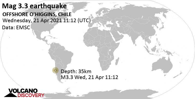 Weak mag. 3.3 earthquake - South Pacific Ocean, 83 km southwest of San Antonio, Region de Valparaiso, Chile, on Wednesday, April 21, 2021 at 11:12 GMT