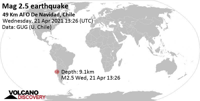 Weak mag. 2.5 earthquake - South Pacific Ocean, 82 km southwest of San Antonio, Region de Valparaiso, Chile, on Wednesday, April 21, 2021 at 13:26 GMT