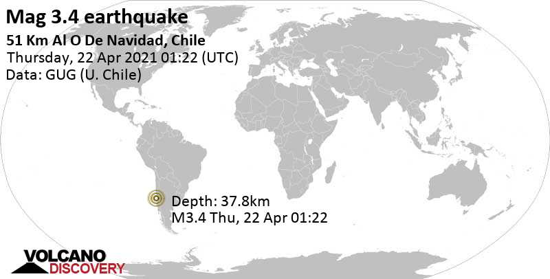 Weak mag. 3.4 earthquake - South Pacific Ocean, 85 km southwest of San Antonio, Region de Valparaiso, Chile, on Thursday, April 22, 2021 at 01:22 GMT
