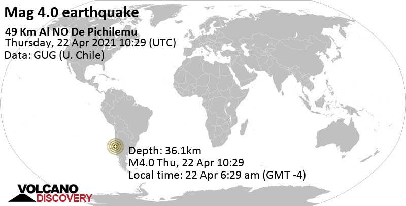 Light mag. 4.0 earthquake - South Pacific Ocean, 87 km southwest of San Antonio, Region de Valparaiso, Chile, on 22 Apr 6:29 am (GMT -4)